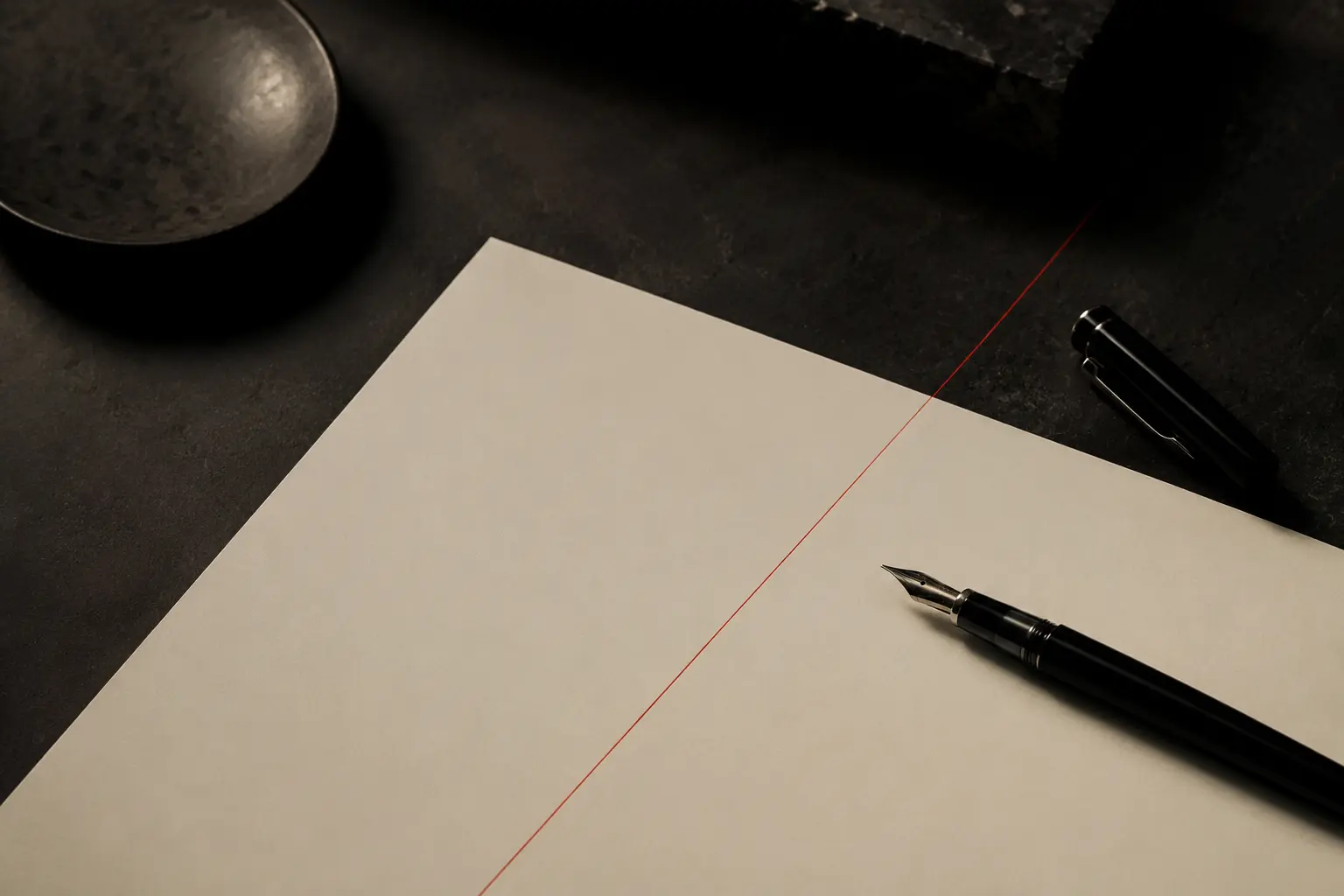 Real blank cream page beside a fountain pen with one red alignment line and no writing